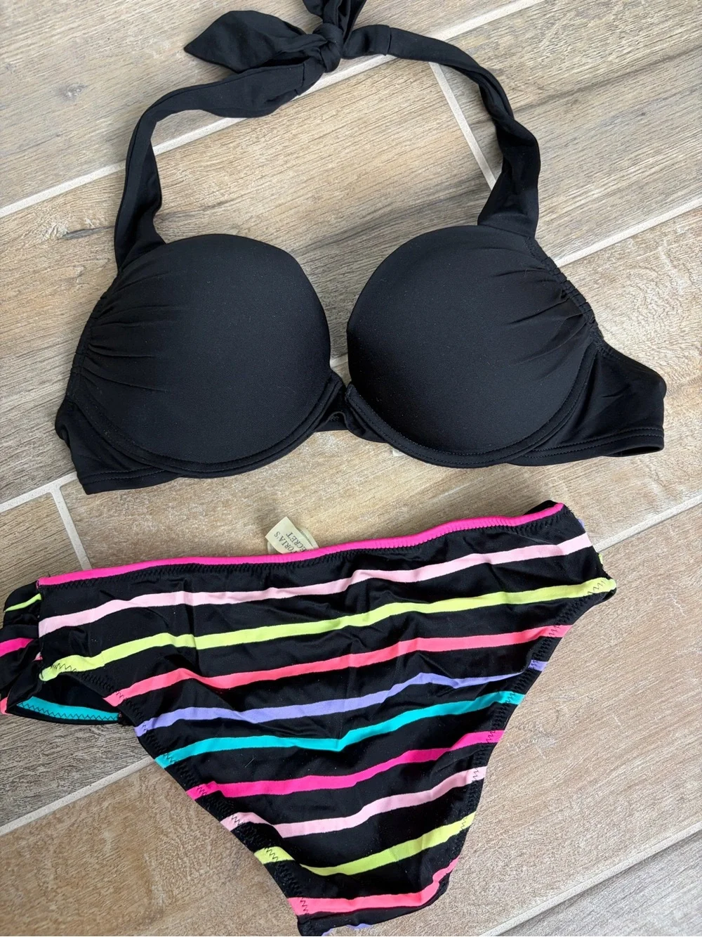 Victoria's Secret Black Bikini Top with 2 Black & Neon-Striped Bottoms